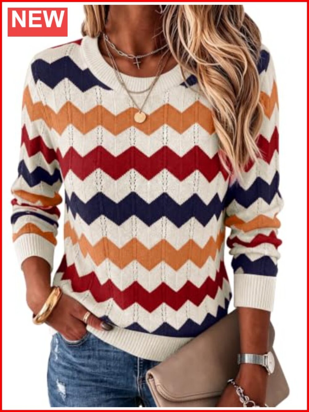 Women's Crew Neck Long Sleeve Pullover Sweater Knit Chevron Stripe